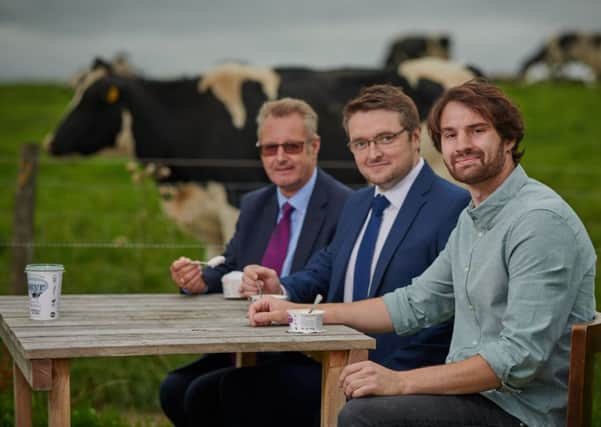 Skyr high: (L to R) at Hesper Farm in Skipton, Garbutt & Elliott banking director, David Streather; Garbutt & Elliott corporate finance senior manager, Stephen Garbett and Hesper Farm Dairy managing director, Sam Moorhouse. Pic: www.matthewglloyd.co.uk