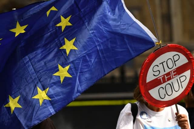 An anti-Brexit protester outside the Houses of Parliament.