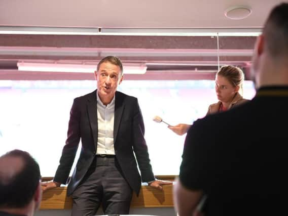 Super League chief executive Robert Elstone addresses the media at Super League's play-off launch. (PIC: Simon Wilkinson; SWPIX)