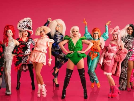 RuPaul's Drag Race UK, with Divina De Campo on the far left. Credit: BBC/ Leigh Keily / Matt Burlem.