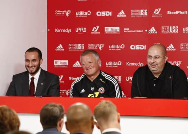 H.H. Prince Musa'ad bin Khalid bin Musa'ad Al Sa'ud, Chris Wilder, H.R.H Prince Abdullah bin Mosa'ad bin Abdulaziz Al Sa'ud at a press conference at Bramall Lane. Picture: Simon Bellis/Sportimage