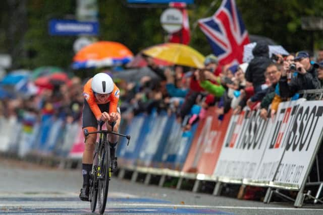 Annemiek Van Vleuten crosses the line in 3rd place. Picture  Bruce Rollinson