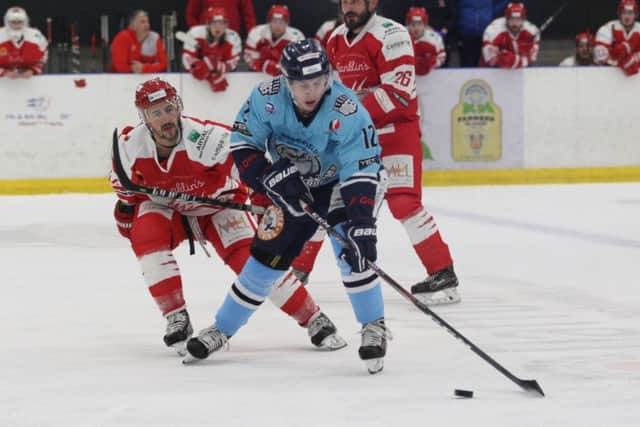 Kieran Brown fired a hat-trick for Sheffield Steeldogs, but still ended up on the losing side to Telford Tigers. Picture courtesy of Cerys Molloy.