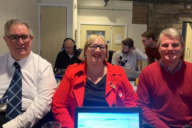 Pudsey election candidates, from left to right, Ian Dowling (Lib Dem), Jane Aitchison (Labour) and Stuart Andrew (Conservative). Photo: BBC Radio 5 Live