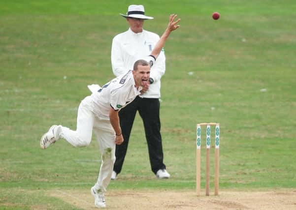 BACK IN TRAINING: Yorkshire spin bowler Josh Poysden in action at Scarboroughs North Marine Road. He missed the final part of last season due to a freak accident, but is now back in training and hoping to play in New Zealand over the winter. Picture: Alex Whitehead/SWpix.com