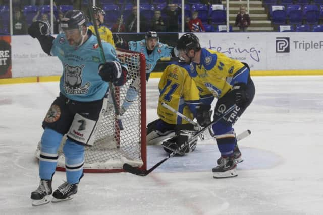 Vladimir Luka, left, turns away to celebrate his goal against Leeds Chiefs. Picture courtesy of Cerys Molloy.