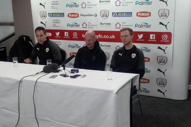 New Barnsley boss Gerhard Struber, centre, meets the media at Oakwell, alongside Rose and Max Senft.