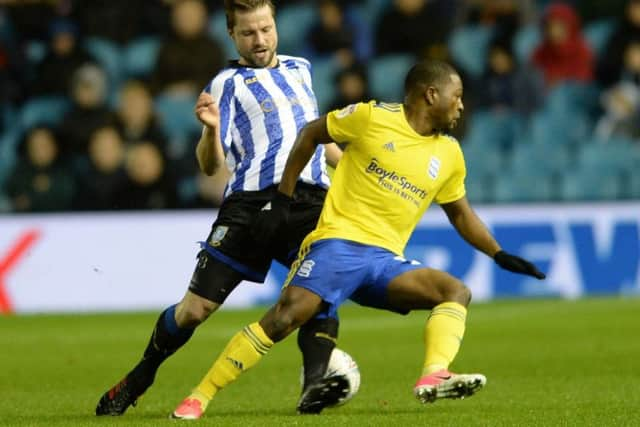 Sheffield Wednesday's Julian Borner stops Birmingham City's Fran Villalbaâ (Picture: Steve Ellis)