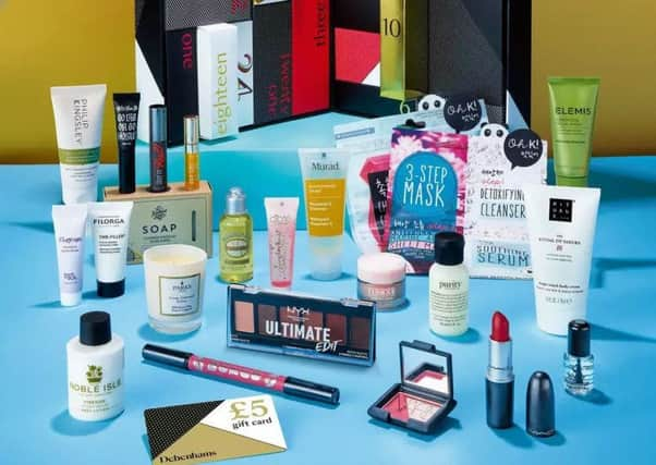 Debenhams Beauty Advent Calendar, now £45. Set contains: Kat Von D Go Big Or Go Home Mascara 2.5g; Clinique Moisture Surge 15ml
Oh K! Gemstone Mini Masks 20ml; Ciate Watermelon Burst Hydrating Primer 5ml; Philosophy Purity Cleanser 30ml; Filorga Time Filler 15ml; NARS Orgasm Blusher 3.5g; Oh K! 3-Step Mask: Cleanser 2ml, Mask 20ml, Serum 2ml; Handmade Soap Company Lavender, Rosemary, Thyme & Mint Soap 160g; Murad Environmental Shield Essential-C Cleanser 45ml; Noble Isle Fireside Body Lotion 50ml; Benefit They're Real Mascara 3.0g; £5 Debenhams Gift Card; Buxom Lip Liner 2.1g; Philip Kingsley Shampoo 60ml; NYX Warm Neutrals Eyeshadow Palette Mini, 6 x 1.2g; Seche Vite Mini Top Coat 3.6ml; Elemis Superfood Facial Wash 30ml; Touch In Sol Pretty Filter Waterful Glow Cream 5ml; Clarins Lip Oil 2.8ml; Rituals Body Cream 70ml; L'Occitane Almond Shower Oil 35ml; Parks Orange, Cedarwood and Clove Candle 5cl; MAC Ruby Woo Lipstick.