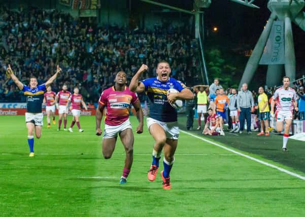 MAGIC MOMENT: Leeds Rhinos' Ryan Hall breaks free to score the game-winning try against Huddersfield Giants to clinch the League Leaders' Shield back in 2015. Picture: Allan McKenzie/SWpix.com