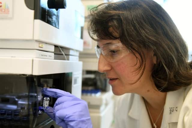 Dr Kirsty Penkman working in a chemistry lab at York University, checking on fossil samples separated by molecules.