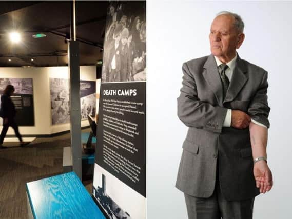 Arek Hersh showing his tattoo from Auschwitz. Picture: Simon Hulme.