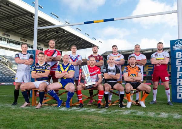 The Betfred Super League 2020 launch at Emerald Headingley Stadium - (l-r) - Josh McCrone, Stevie Ward, Lee Mossop, Chris Hill, Jacob Miller, James Roby, Aidan Sezer, Danny Houghton, Remi Casty, Michael Shenton, Weller Hauraki & Sean O'Loughlin.