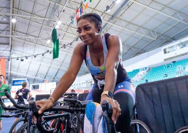 WARMING UP: Kadeena Cox goes through her paces on the warm-up bike at the National Cycling Centre in Manchester last November. Picture: Allan McKenzie/SWpix.com.