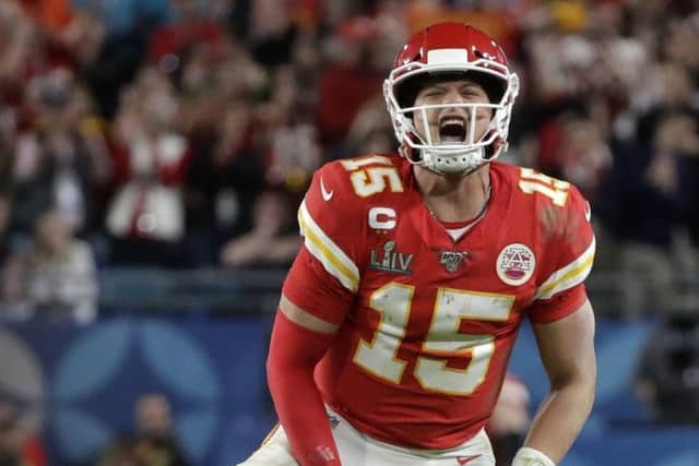 Kansas City Chiefs quarterback Patrick Mahomes (15) celebrates a long pass against the San Francisco 49ers. Picture: AP/Wilfredo Lee