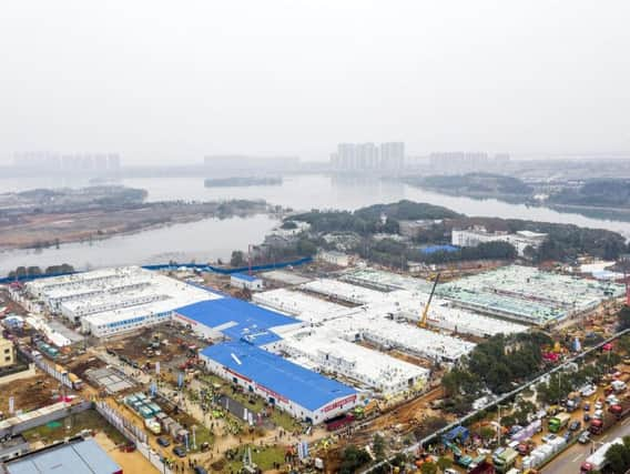 The Huoshenshan temporary field hospital under construction is seen as it nears completion in Wuhan in central China's Hubei Province.