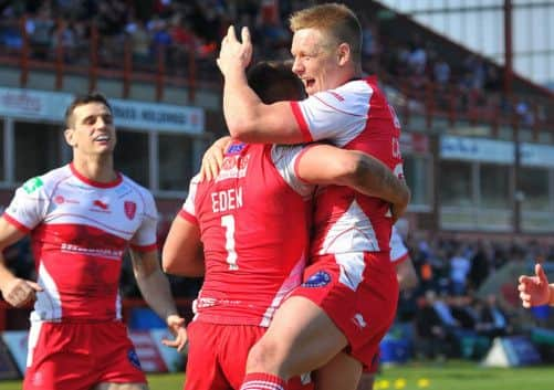 Hull KR celebrate Greg Edens try