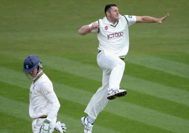 Tim Bresnan of Yorkshire celebrates bowling Keaton Jennings of Durham