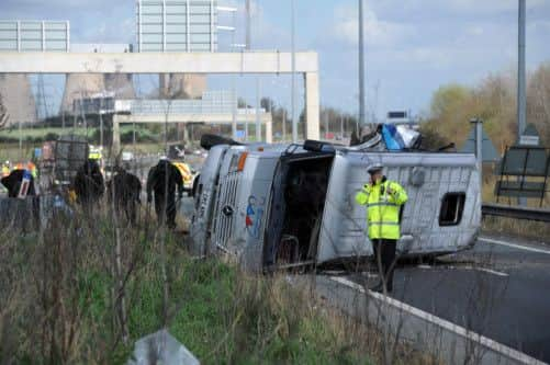 The scene of a road traffic accident on the westbound carriage of the M62 near Pontefract in West Yorkshire between a lorry and a mini bus carrying around 20 women.