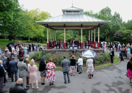 Liz Gill and Guy Farmer in the Bandstand at Beaumont Park, Huddersfield.