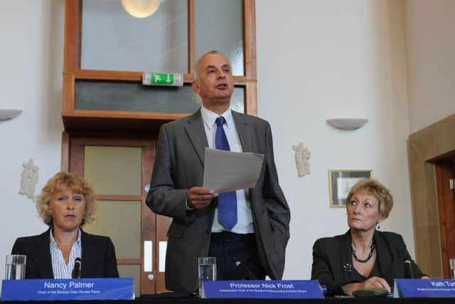 Nancy Palmer, Chair of the Serious Case Review Panel (left), Professor Nick Frost, and Kath Tunstall, Bradford Council's Strategic Director of Children's Services during a media briefing for the publication of the serious case review into the death of Hamzah Khan