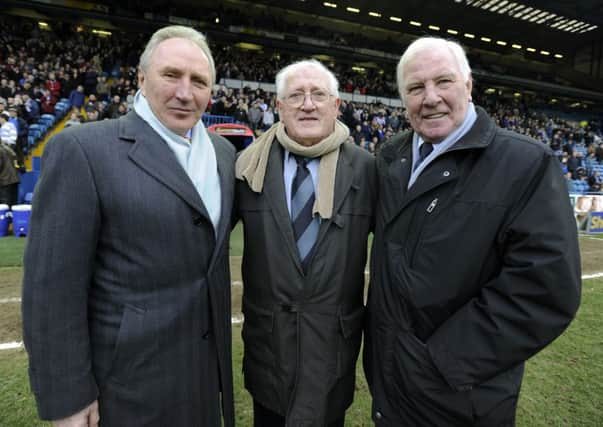 Jackie Sewell, centre,  with Howard Wilkinson and Don Megson and below with a trophy from the Hungarian Football Federation.