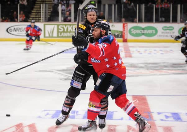 OUT IN FRONT: Sheffield Steelers' captain Steve Goertzen gets physical during Wednesday night's 4-0 Challenge Cup win over Dundee Stars. Picture: Dean Woolley