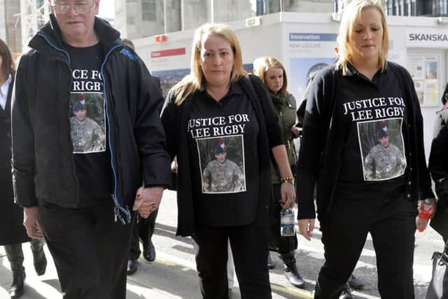 The family of murdered fusillier Lee Rigby arrive at the old Bailey in London to hear the sentencing of Michael Adebolajo and Michael Adebowale