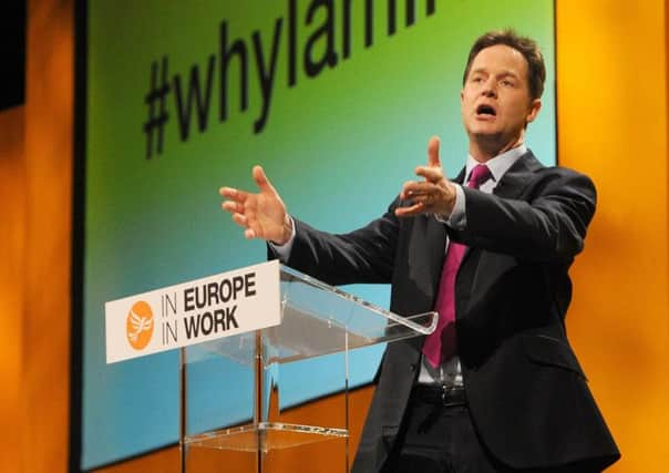 Deputy Prime Minster Nick Clegg gives a speech during the Liberal Democrat spring conference at the Barbican Centre in York.