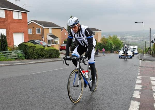 Marcel Kittel and his Team Giant-Shimano colleagues ride Stage 2 of the 2014 Tour De France route, Jenkin Road, Sheffield.