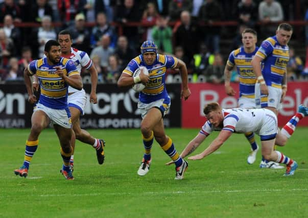 Leeds's Ben Jones-Bishop goes over for a try.