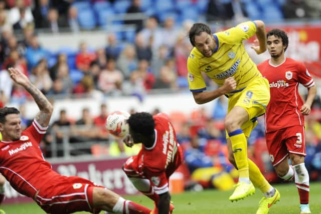 Sheffield Wednesdays Atdhe Nuhiu fires in a shot against Cardiff City on Saturday in a game which saw the Owls go down 2-1 (Picture: Steve Ellis).