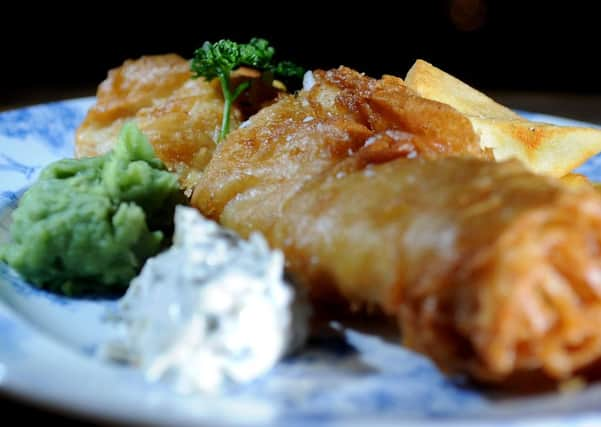 Beer battered haddock, mushy peas, tartar sauce, and twice fried chips at the Black Swan, Call Lane, Leeds.