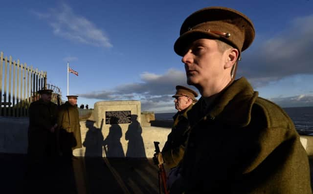 The Commemoration Society 18th Battalion Durham Light Infantry at the plaque in Hartlepool