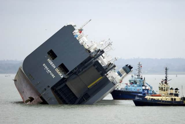 The car carrier Hoegh Osaka after she became stranded on Bramble Bank, in the Solent between Southampton and the Isle of Wight.