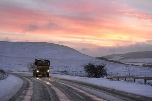 Snow falls at Carter Bar on the Northumberland border.