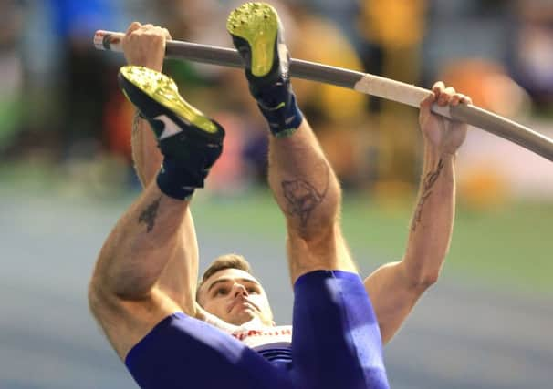 Luke Cutts on his way to winning the men's pole vault final during day two of the Sainsbury's British Indoor Championships at the English Institute of Sport, Sheffield.