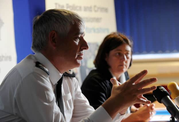 Chief Constable of North Yorkshire Police Dave Jones pictured with Police and Crime Commissioner Julia Mulligan at Fulford police Station, York...1001452e..11th June 2014 ..Picture by Simon Hulme