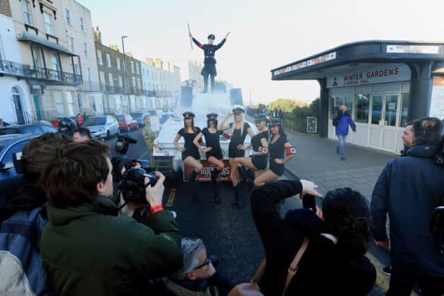 Dancers promoting the musical The Producers arrive outside the Ukip Spring Conference