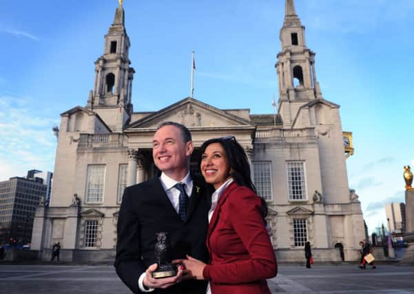 Leeds-born film director Wash Westmoreland, now living in Los Angles, with his Yorkshire Patron award alongside his old school friend Sarah Shafi.