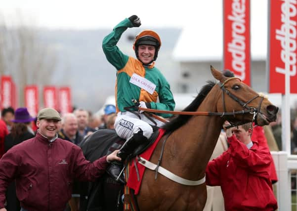 Gavin Sheehan on Cole Harden celebrates winning the Ladbrokes World Hurdle.