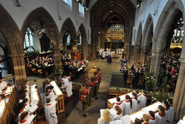 Leicester Cathedral handout photo of the coffin is carried by the military bearer party during the service for the re-burial of Richard III at Leicester Cathedral. PRESS ASSOCIATION Photo. Picture date: Thursday March 26, 2015. A coffin containing the Plantagenet monarch's mortal remains was taken to Leicester Cathedral to receive burial after they were discovered beneath a car park in the city in September 2012. See PA story HISTORY Richard. Photo credit should read: Matt Short/Leicester Cathedral/PA Wire

NOTE TO EDITORS: This handout photo may only be used in for editorial reporting purposes for the contemporaneous illustration of events, things or the people in the image or facts mentioned in the caption. Reuse of the picture may require further permission from the copyright holder.