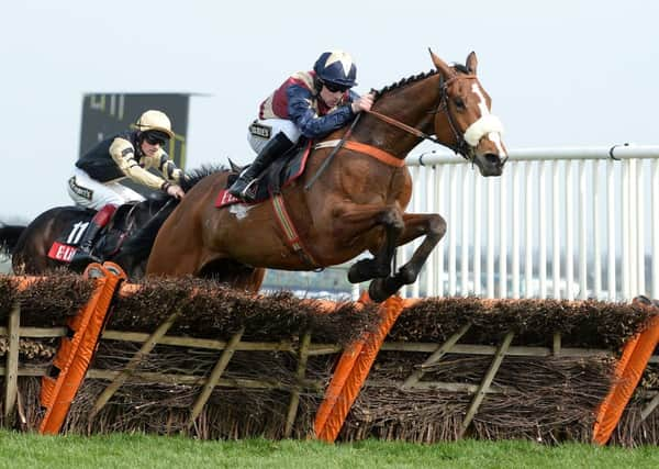 Cyrus Darius ridden by Brian Hughes clears the final fence to win The E-Lites Top Novices' Hurdle at Aintree