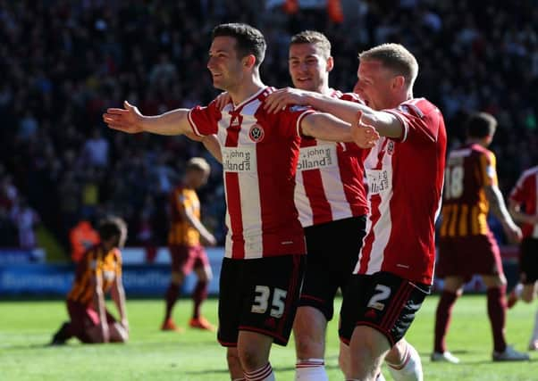 Sheffield Uniteds Jason Holt celebrates putting the Blades ahead at Bramall Lane against Bradford City (Picture: Martyn Harrison).