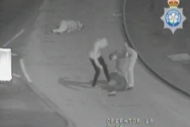 CCTV of soldiers Jason Collins and Shaun Smith during a vicious night time assault, as they avoided jail despite being caught on camera brutally beating two men and repeatedly stamping on the head of one of the victims.