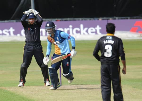 Frustration for Yorkshire's Jonny Bairstow as Derbyshire's Shiv Thakor survives a scare off the bowling of Adil Rashid at Chesterfield on Sunday afternoon. Picture: Steve Riding.