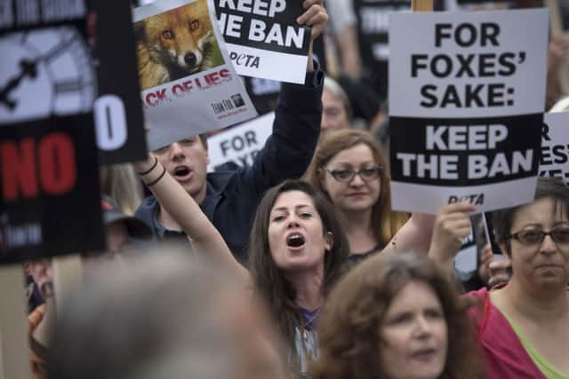 Brian May joins anti-foxhunting protesters outside the Houses of Parliament