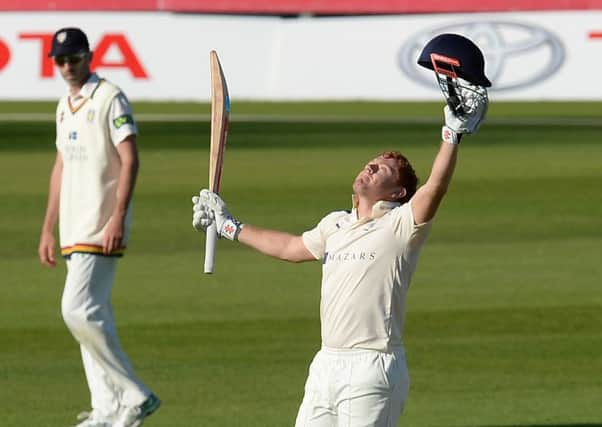 Yorkshires Jonny Bairstow, who has been called up by England, celebrates one of his five County Championship centuries this season, against Durham (Picture: Anna Gowthorpe/PA).