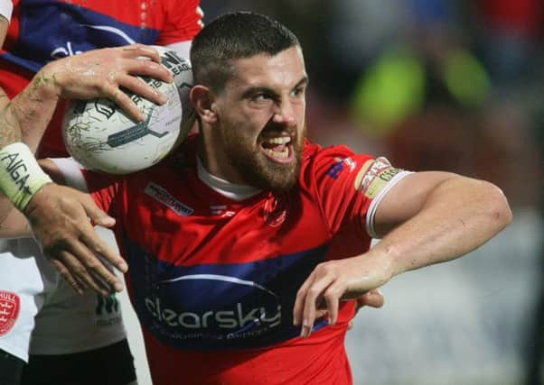 Hull Kingston Rovers Tyrone McCarthy celebrates scoring against former club Warrington (Picture: Dave Lofthouse).