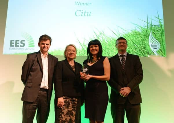 Aisling Ramshaw, a partner at Citu, receives the Built Environment Projects over £1m award at the Yorkshire Post Environmental Awards at the Queens Hotel, Leeds. Picture: Anna Gowthorpe